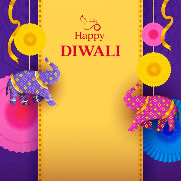 Diwali Celebration Greeting Card Decorated Elephant Toys Paper Flowers Purple — ストックベクタ