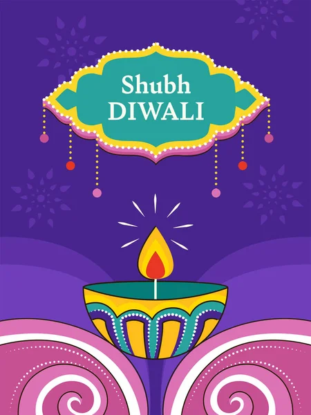 Shubh Happy Diwali Greeting Card Lit Oil Lamp Diya Pink — Vetor de Stock