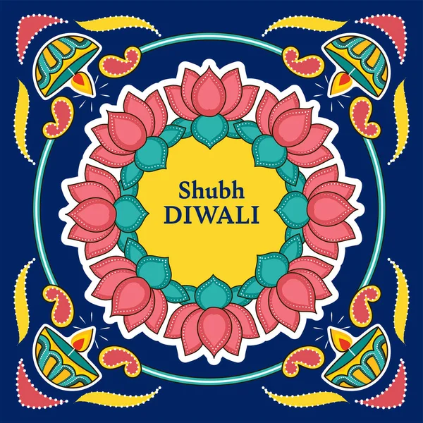 Shubh Happy Diwali Greeting Card Sticker Style Lotus Flowers Lit — Stock Vector