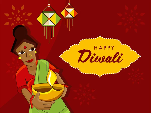 Happy Diwali Celebration Concept Cartoon Indian Woman Holding Lit Oil — Stockvektor