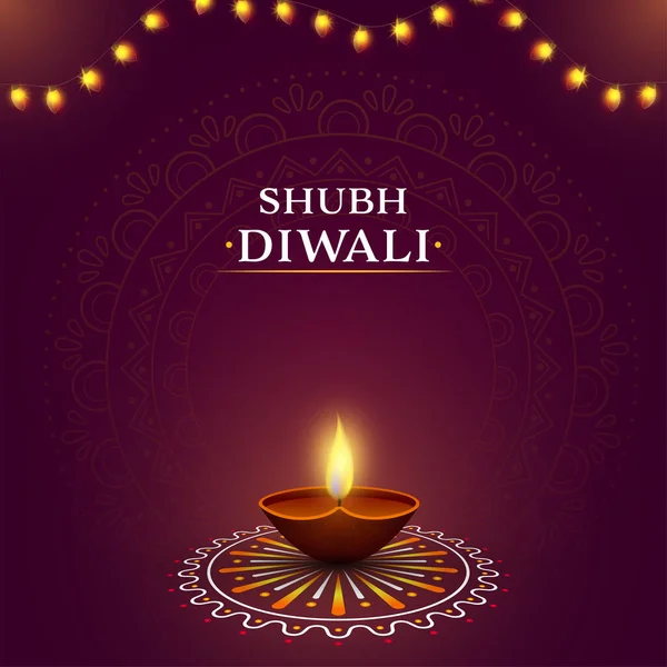 Shubh Happy Diwali Celebration Poster Design Lit Realistic Oil Lamp — Stock Vector