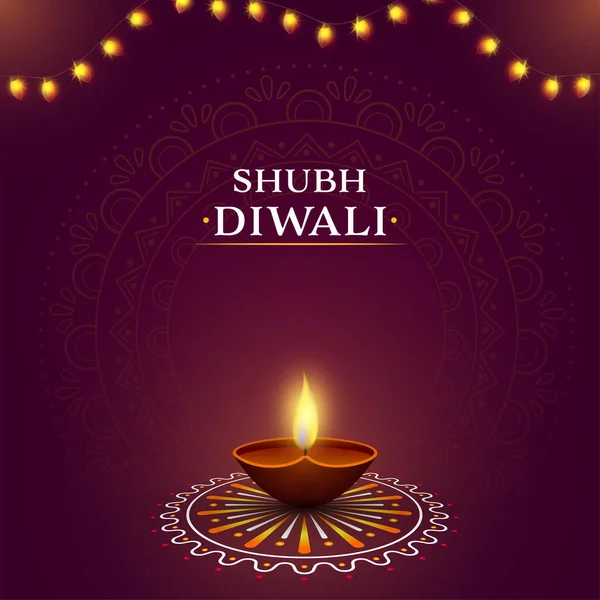 Shubh (Happy) Diwali Celebration Poster Design With Lit Realistic Oil Lamp (Diya) Over Rangoli And Lighting Garland On Purple Background.