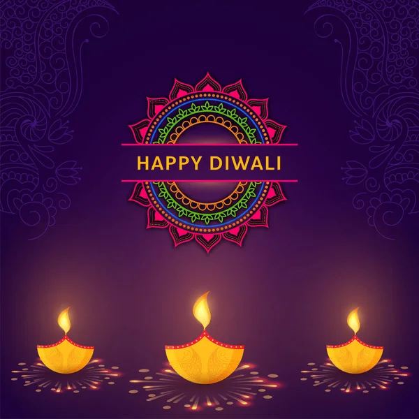 Happy Diwali Celebration Poster Design With Lit Oil Lamps (Diya) And Paisley Pattern On Violet Background.