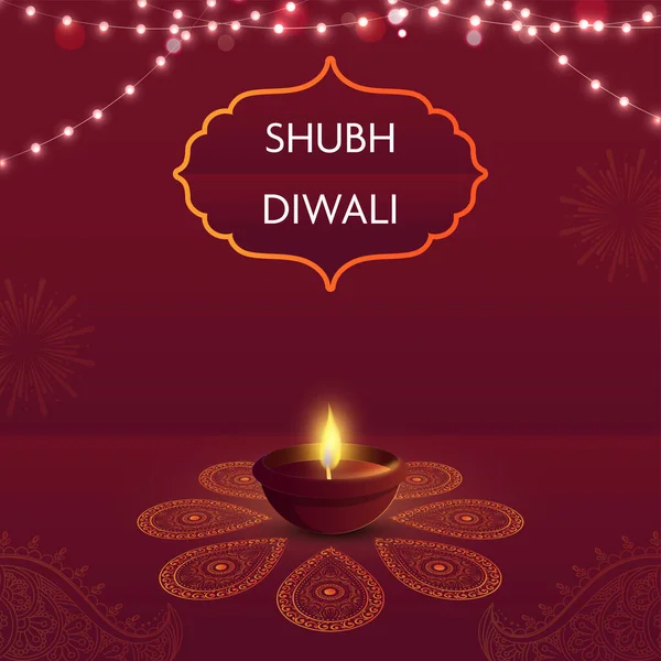 Shubh (Happy) Diwali Font In Vintage Frame With Illuminated Oil Lamp (Diya) And Lighting Garland On Red Paisley Pattern Background.