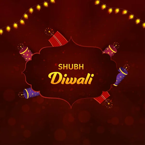 Golden Shubh Happy Diwali Font Vintage Frame Firecracker Lighting Garland — Stock Vector