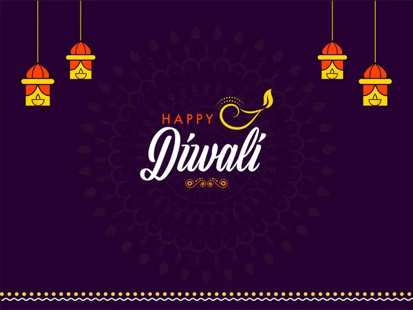 Happy Diwali Lettering Lit Oil Lamp Diya Hanging Lamps Purple — Stockový vektor