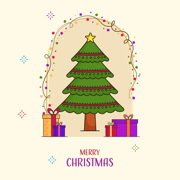 Merry Christmas Greeting Card Doodle Xmas Tree Gift Boxes Beige — Stockvector