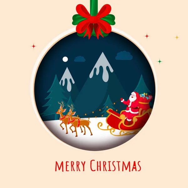 Merry Christmas Greeting Card Santa Claus Riding Reindeer Sleigh Snow — Stock vektor