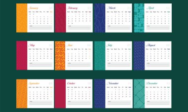 12 Month, Colorful Desk Calendar Template Design With Abstract Pattern.