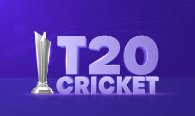 3D T20 Cricket Font With Silver Trophy Cup On Blue Background.