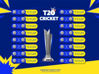 T20 Cricket Match Schedule List With 3D Silver Trophy Cup On Yellow And Blue Background.