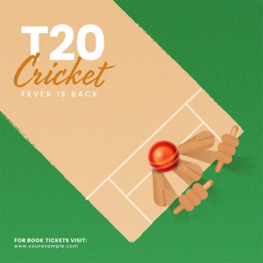 T20 Cricket Fever is Back Font With Top View Of Realistic Red Ball Hitting Wicket Stump On Playground.