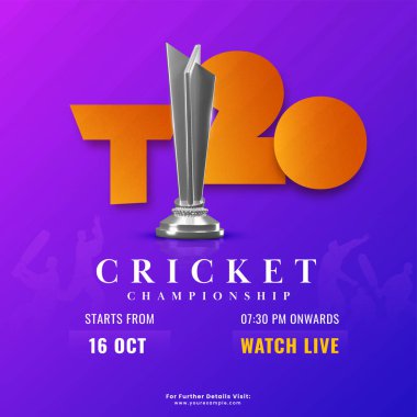 T20 Cricket Championship Font With Realistic Silver Trophy Cup On Gradient Violet Silhouette Players Background.