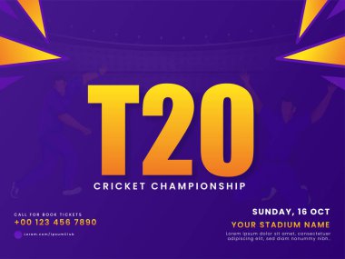 T20 Cricket Championship Font And Faceless Cricketer Players On Purple Background.