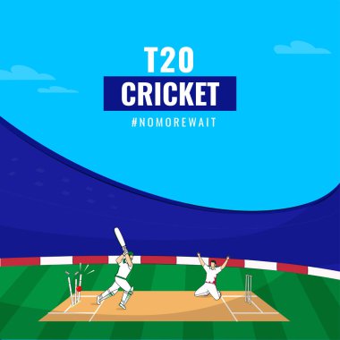 T20 Cricket Championship Poster Design With Concept Of Run Out Batter, Bowler On Blue And Green Background.