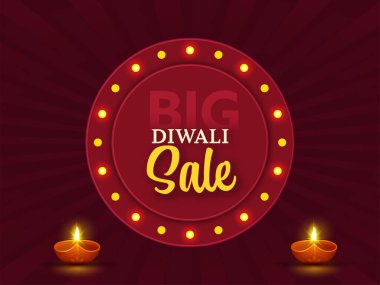 Diwali Big Sale Poster Design With Marquee Round Frame And Illuminated Oil Lamps (Diya) On Red Rays Background.