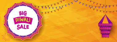 Diwali Big Sale Banner Or Header Design With Traditional Lantern (Kandeel) And Lighting Garland On Chrome Yellow Background.