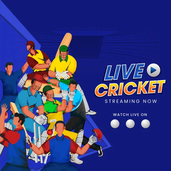 Live Cricket Streaming Now Concept Participating Countries Players Blue Background — Stock Vector