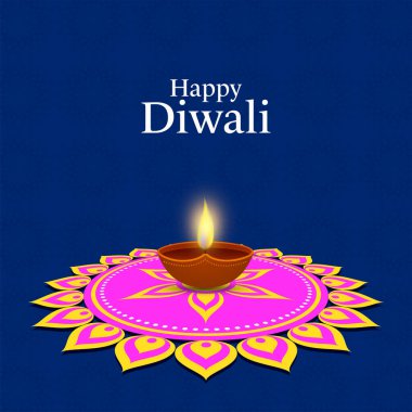 Happy Diwali Celebration Concept With Illuminated Oil Lamp (Diya) Over Rangoli On Blue Background.