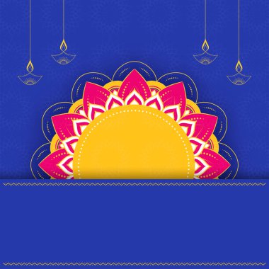 Blank Floral Or Mandala Frame And Lit Oil Lamps (Diya) Hang On Blue Background.