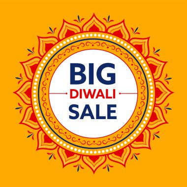 Diwali Big Sale Poster Design With Mandala Frame On Chrome Yellow And White Background.