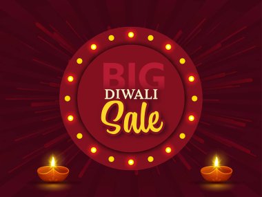 Diwali Big Sale Poster Design With Marquee Round Frame And Illuminated Oil Lamps (Diya) On Red Rays Background.