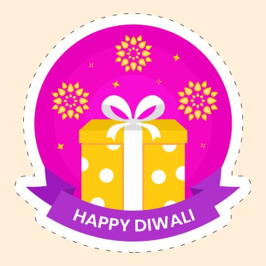 Isolated Happy Diwali Sticker Of Gift Box Against Mandala Pink And Yellow Background.