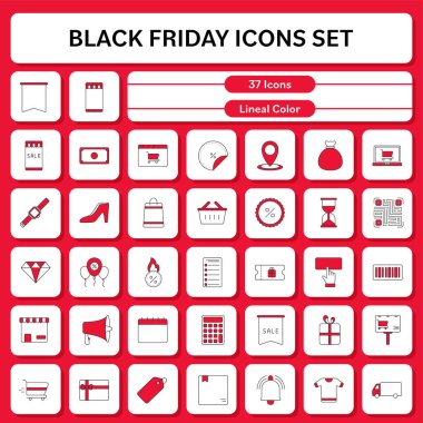 Red And White Color Set Of Flat Style Black Friday Celebration Icon.