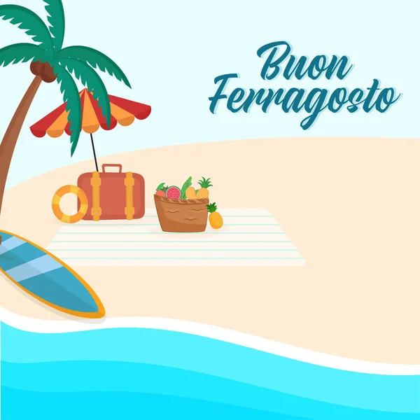 Buon Ferragosto Poster Design Coconut Tree Surfboard Briefcase Fruit Basket — Vettoriale Stock