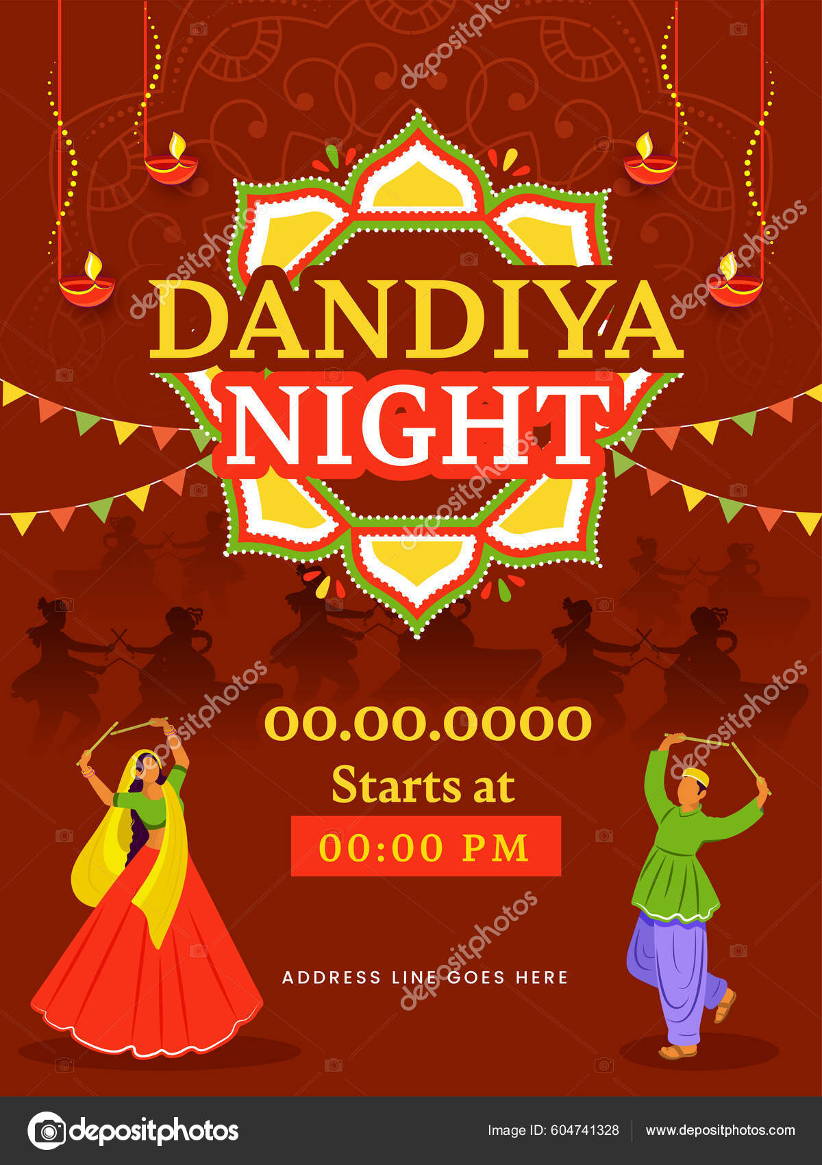 Dandiya Night Party Invitation Card Indian Couple Dancing Burnt Red