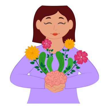 Young Girl Holding Flower Plant Of Brain Against White Background For Mental Healthcare Concept.