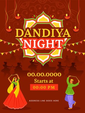 Dandiya Night Party Invitation Card With Indian Couple Dancing On Burnt Red Background Decorated By Lit Oil Lamps (Diya) And Bunting Flags.