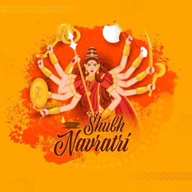 Shubh Navratri Lettering With Hindu Mythology Goddess Durga Maa On Orange Grunge Effect Background.