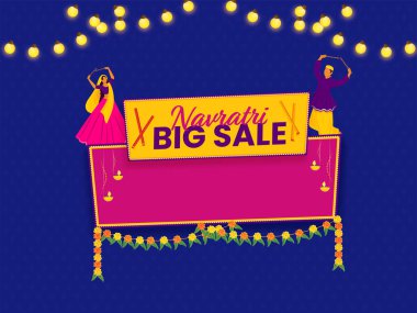 Navratri Big Sale Poster Design With Indian Couple Holding Dandiya Sticks, Toran And Lighting Garland Decorated On Blue Background.