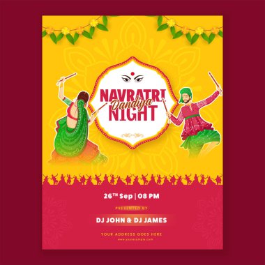 Navratri Dandiya Nights Party Invitation Card With Indian Couple Playing Dandiya In Sticker Style And Event Details.