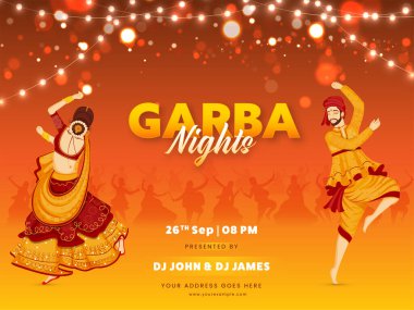 Garba Night Party Celebration Background With Indian Young Couple Dancing And Event Details.