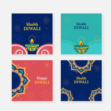 Social Media Post Or Template Design Set For Happy Diwali Celebration.