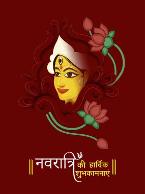 Happy Navratri Wishes Written In Hindi Language With Goddess Durga Maa Face And Lotus Flowers On Red Background.