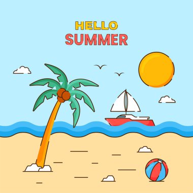 Hello Summer Concept With Coconut Tree, Ship, Sun Illustration On Beach View Background.