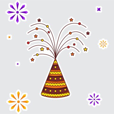 Bursting Firecracker Anar Over Colorful Fireworks Grey Background In Sticker Style.