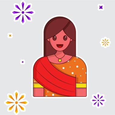 Isolated Sticker Of Cheerful Indian Girl Over Fireworks Background.