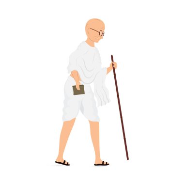 Side View Of Mahatma Gandhi (Bapu) Standing With Stick On White Background.