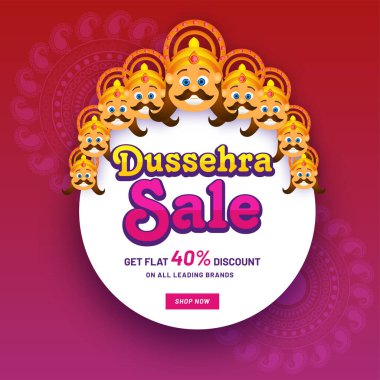 Dussehra Sale Poster Design With 40% Discount Offer, Ten Head Of Demon King Ravana On Gradient Pink And Red Background.