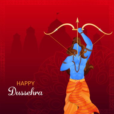 Happy Dussehra Celebration Concept With Hindu Mythology Lord Rama Taking An Aim On Red Silhouette Ayodhya View Background.