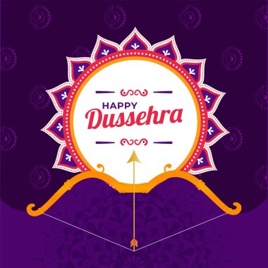 Happy Dussehra Font Over Mandala Frame With Archer Bow And Arrow Against Purple Background.