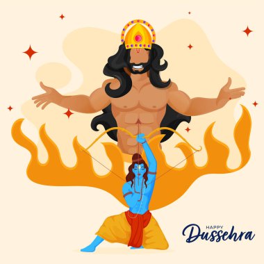 Happy Dussehra Celebration Concept With Hindu Mythological Lord Rama Killing Demon Ravana Against Background.