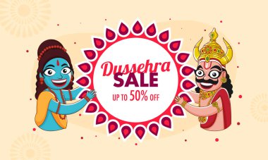 UP TO 50% Off For Dussehra Sale Banner Design With Cheerful Lord Rama And Demon king Ravana Character.