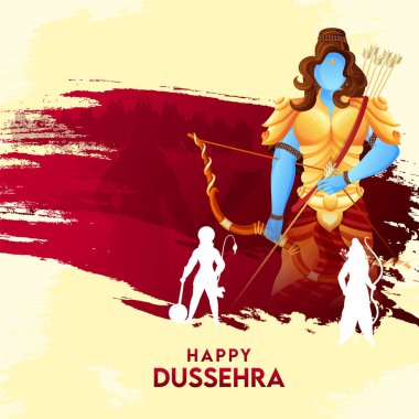 Happy Dussehra Celebration Concept With Hindu Mythological Lord Rama, Silhouette Lakshman, Hanuman, Demon Ravana And Red Brush Effect On Yellow Background.