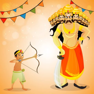 Vector Illustration Of Young Boy Taking An Aim Against Demon King Ravana And Bunting Flags On Orange Bokeh Light Effect Background For Dussehra Concept.
