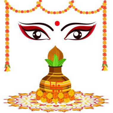 Hindu Mythology Goddess Durga Face With Traditional Pot (Kalash) Over Rangoli And Marigold Garland On White Background.